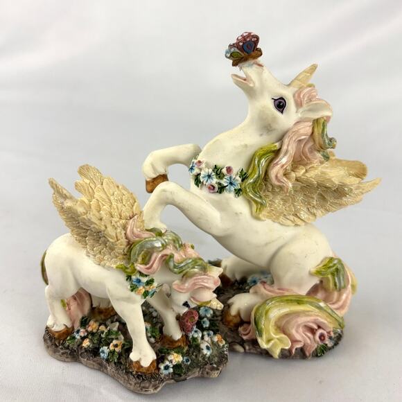 Vintage Hand Painted Unicorn Resin Figurine Whimsical Floral 1980s Mom and Baby - Picture 9 of 14